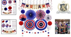 26Pcs Patriotic Party Decorations – LOVE USA Banner & Colorful Fans & Pom Poms