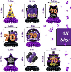 8Pcs 70Th Birthday Table Decorations Honeycomb Centerpieces Purple and Black 70T