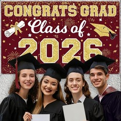 Graduation Backdrop 2026 – Congrats Grad Banner Class of 2026 Maroon Gold Gra…