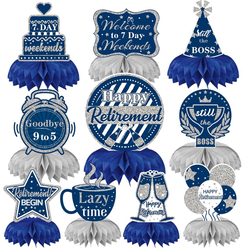 10 Pcs Retirement Party Decorations, Blue Silver Retirement Table Honeycomb C…