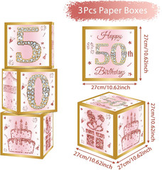 Datamoon 50Th Birthday Decorations Boxes for Women – 3PCS Pink Rose Gold Happy 5