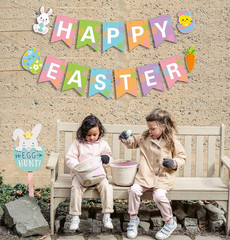 Happy Easter Banner – Multi-Colored, 5.12″ X 7″ Flags, Easter Party Decorations