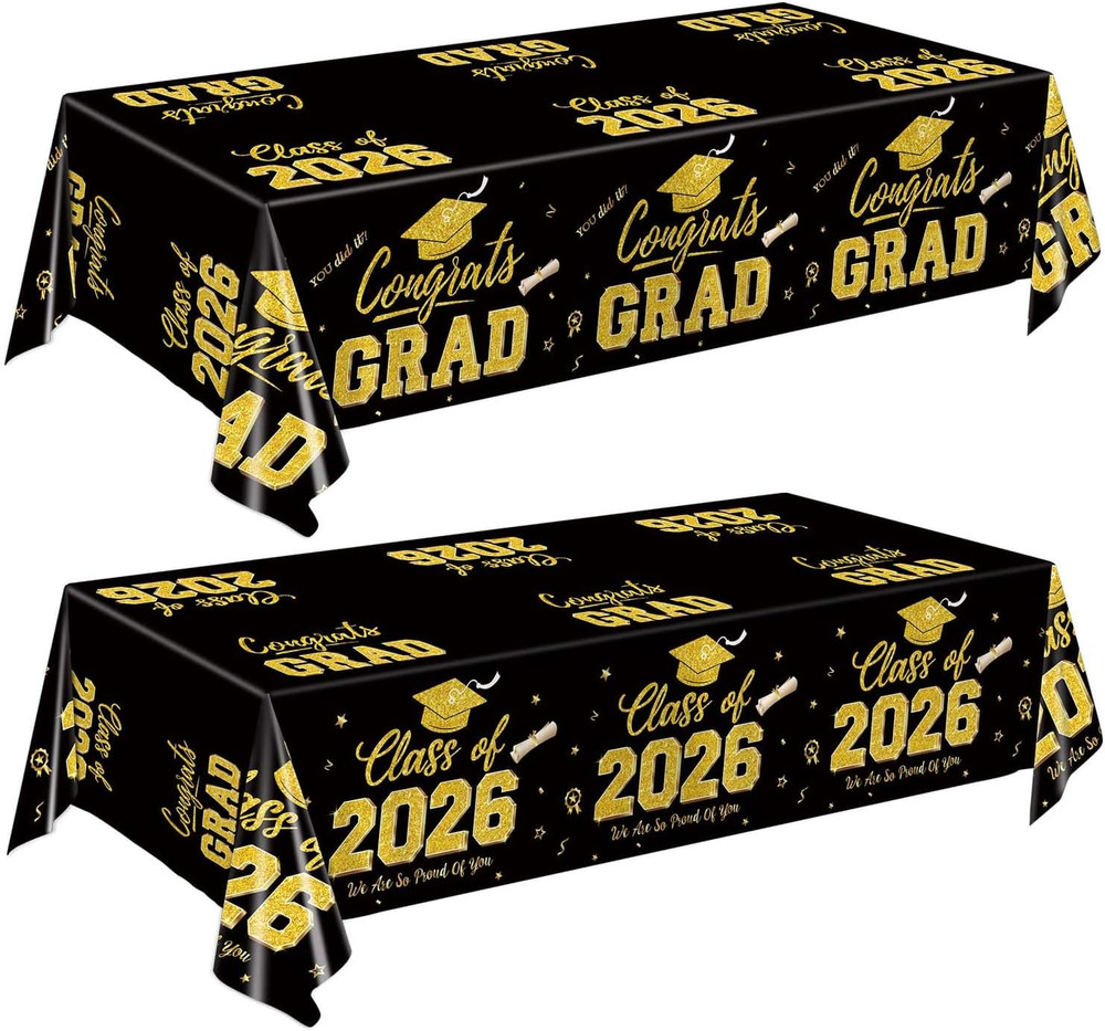 2 Pack Graduation Tablecloths 2026 Black Gold Disposable 54×108 Inch