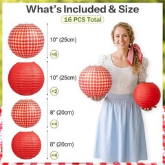 16pc Red Gingham Paper Lantern Party Decorations; Picnic BBQ Italian Theme