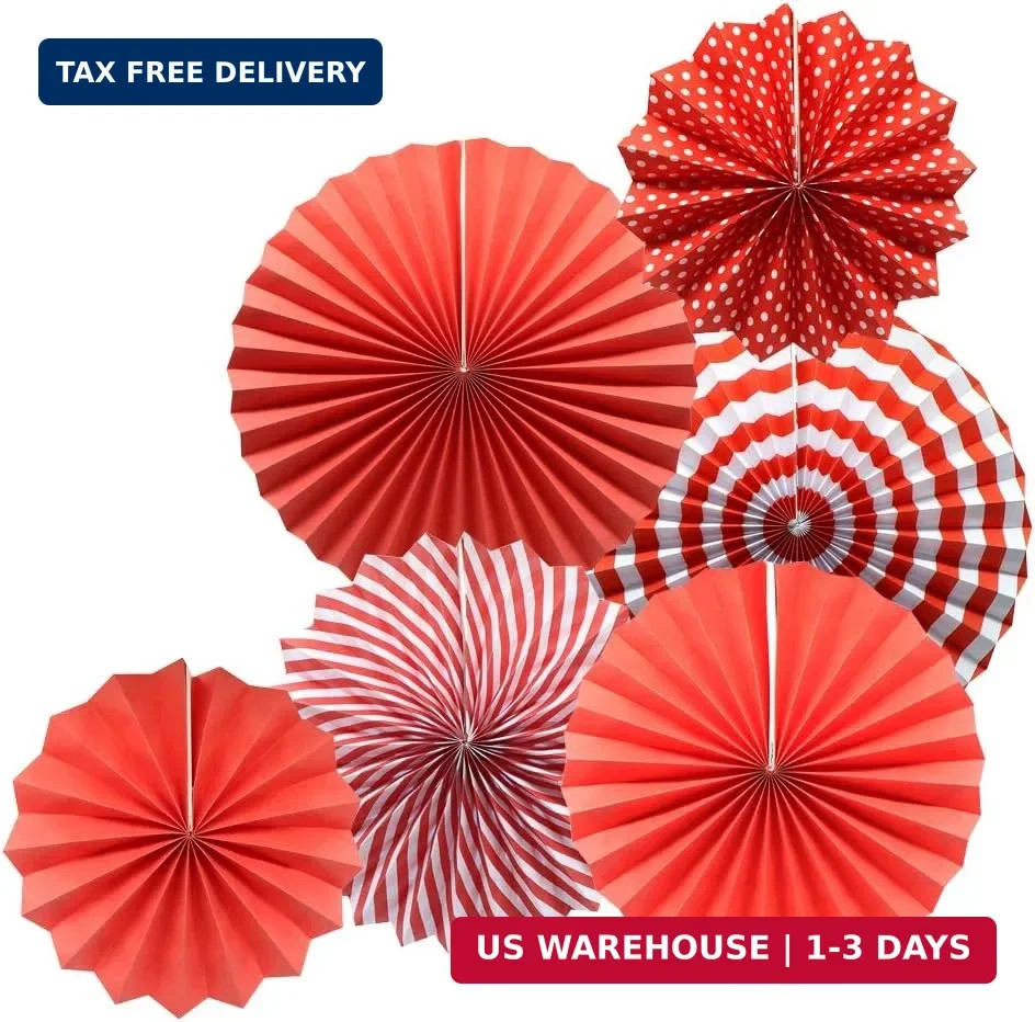 Party Hanging Paper Fans Set, Red Round Pattern Paper Garlands Decoration for Bi