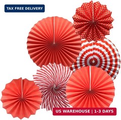 Party Hanging Paper Fans Set, Red Round Pattern Paper Garlands Decoration for Bi