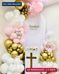 First Communion Balloons – Pink and White Gold with God Bless Balloon Garland Ar