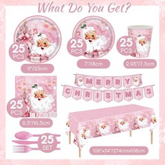 Pink Santa Christmas Party Tableware Set Includes Tablecover Banner and Utensil