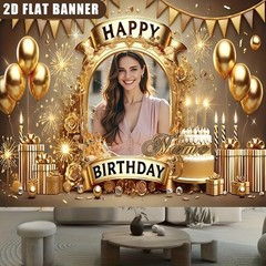 2D Golden Theme Personalized Birthday Custom Poster Name Photo Backdrop Banner❀
