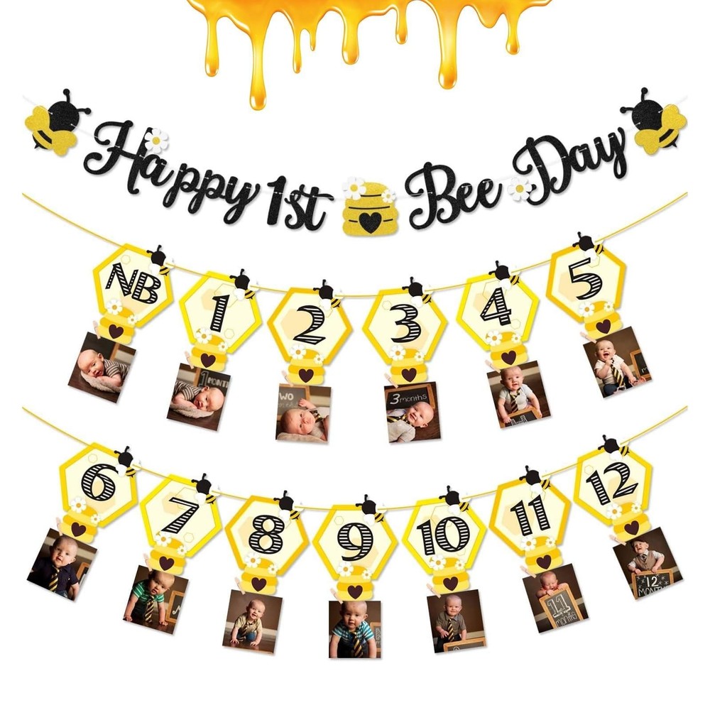 3PCS Happy Bee Day Party Decorations, Bumble Honey Bee 1st Birthday Baby Phot…