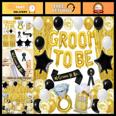 Gold Bachelor Party Decorations – Groom To Be Banner, Satin Sash, Fringe Curtain