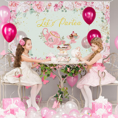 6 x 3.6 ft Tea Party Backdrop Decorations, Pink Floral Tea Decor Banner, Let’s P