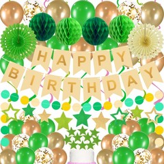 79Pcs Birthday Decorations Happy Birthday Banner Green Gold Balloons Paper F…