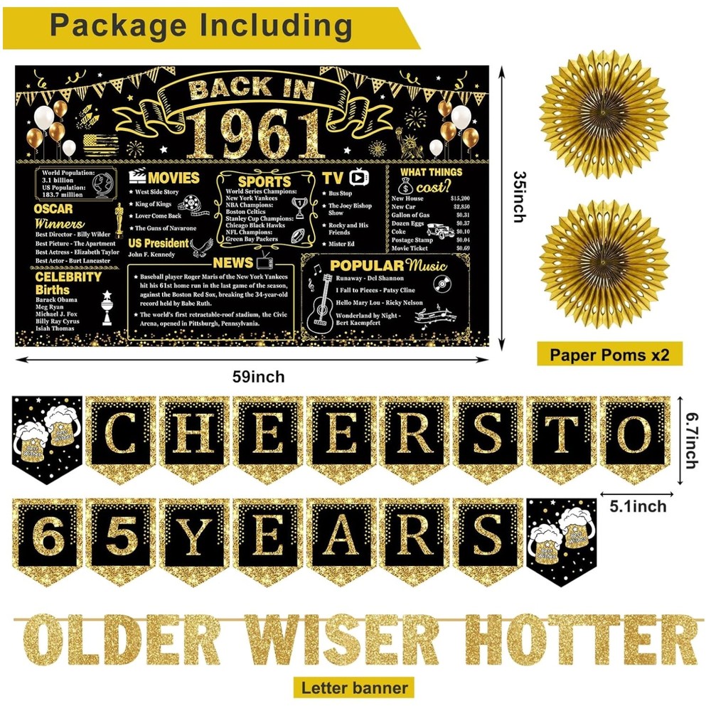 65th Birthday Decorations Kit – Black Gold Happy 65th Banner