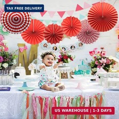 Party Hanging Paper Fans Set, Red Round Pattern Paper Garlands Decoration for Bi
