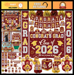 Class of 2026 Graduation Decorations Set – Maroon & Gold Banner, Backdrop, Ballo
