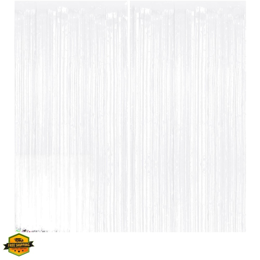 2Pack White Metallic Tinsel Foil Fringe Curtains, White Streamer Backdrop Cur…