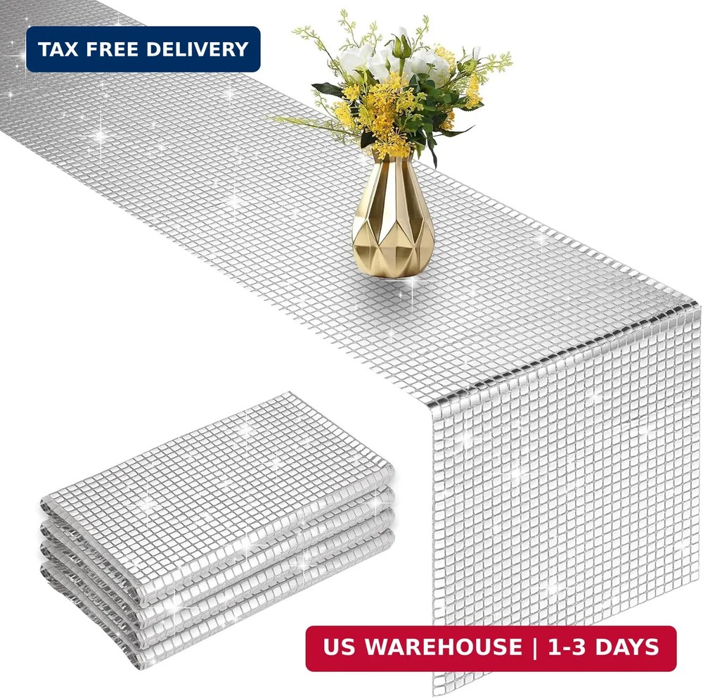 4 Packs Glitter Disco Party Table Runner 12 x 108 Inches Mirror Silver Foil Deco