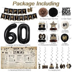60th Birthday Party Decorations – Vintage 1966 Banner, Black Balloons & Cake Top