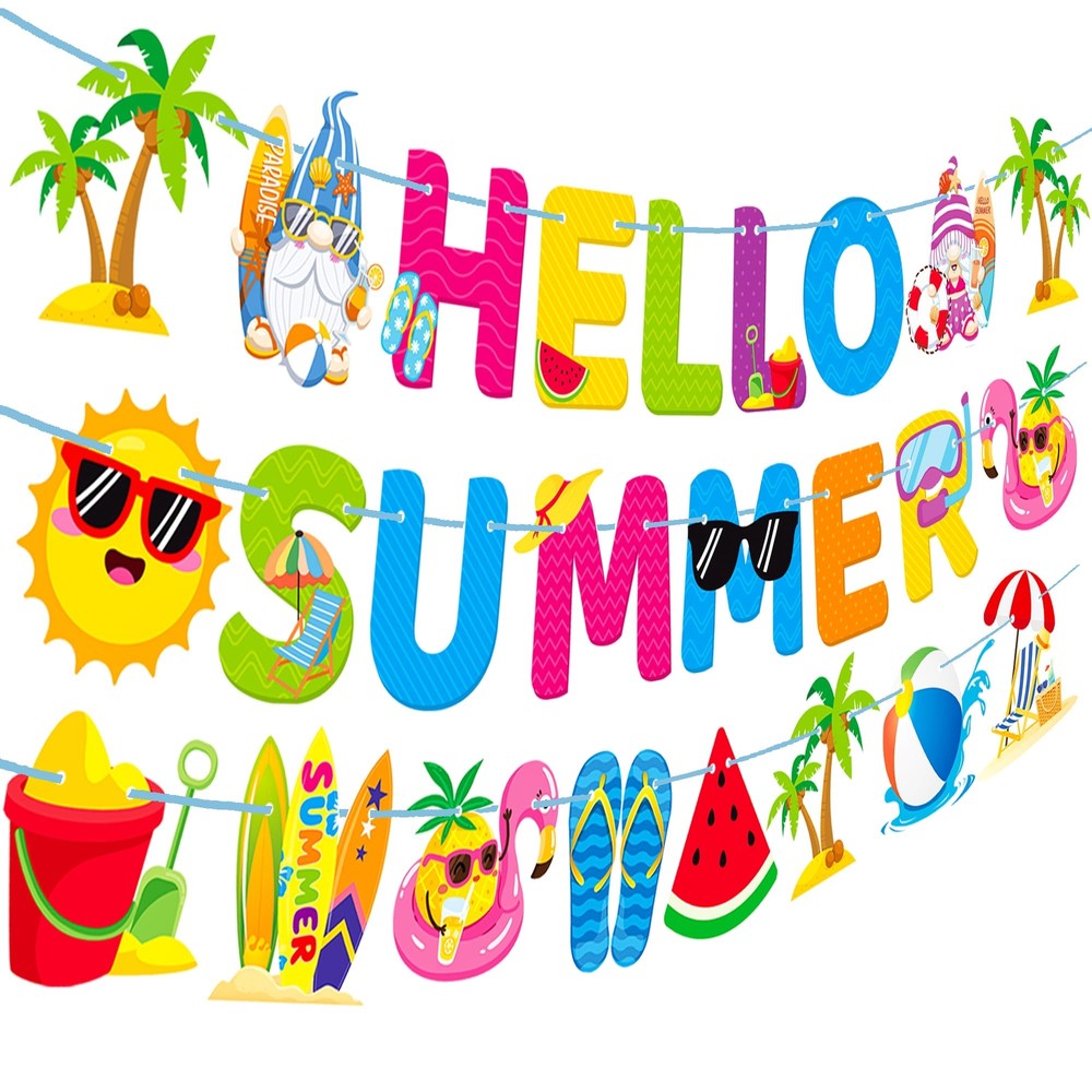 Hello Summer Decoration Gnome Slippers Beach Ball Watermelon Garland Banner 3Pcs