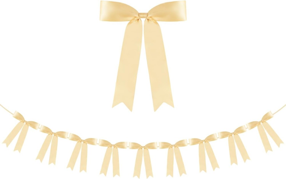 Champagne Bow Garland Banner 1 String 9 PCS, Pre-Strung Satin Ribbon Bow