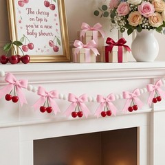 2-Pack 8ft Pink Cherry Bow Felt Garland, Coquette Aesthetic Nursery Decor, Ha…
