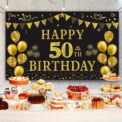 50th Birthday Celebration Backdrop – Lightweight Gold Black 5.9ft x 3.6ft Decor
