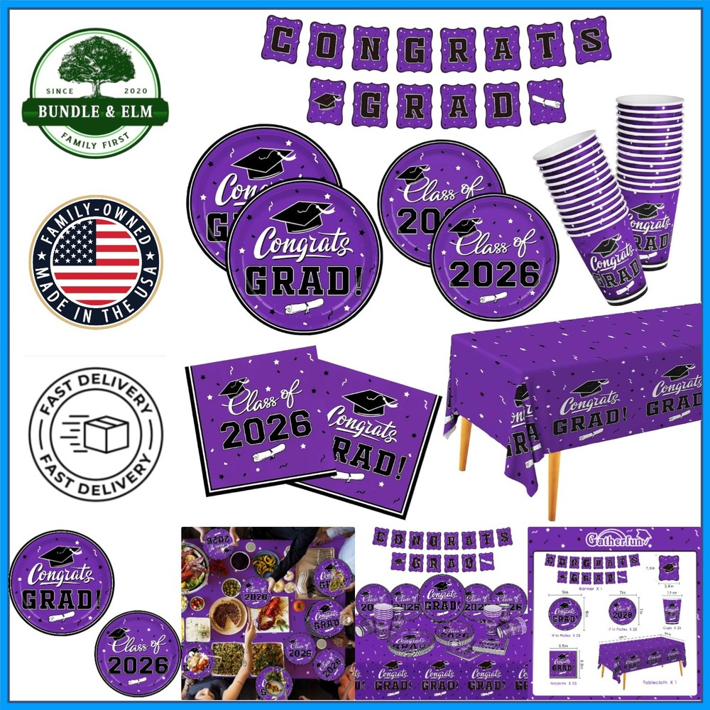 Purple Graduation Dinnerware Set for 25 Guests with Banner and Tablecloth