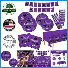 Purple Graduation Dinnerware Set for 25 Guests with Banner and Tablecloth