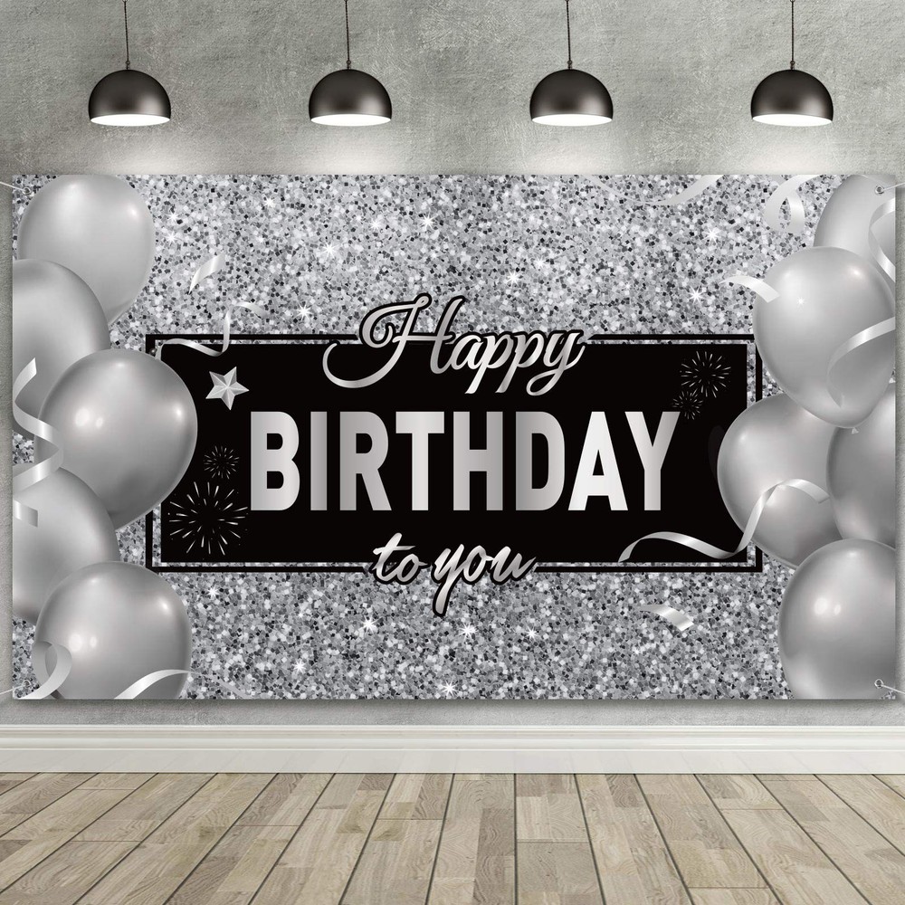 Sumind Black Silver Happy Birthday Banner Backdrop Party 185 x 110 cm,