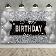 Sumind Black Silver Happy Birthday Banner Backdrop Party 185 x 110 cm,