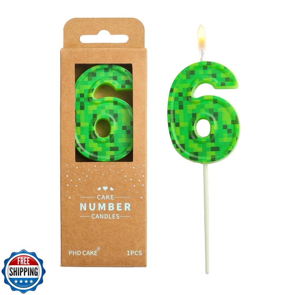 PHD CAKE 2.76 Inch Number 6 Pixel Birthday Candles, Green Miner Number Candle