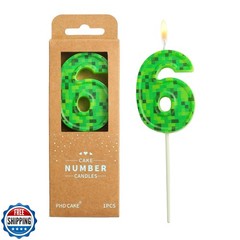 PHD CAKE 2.76 Inch Number 6 Pixel Birthday Candles, Green Miner Number Candle