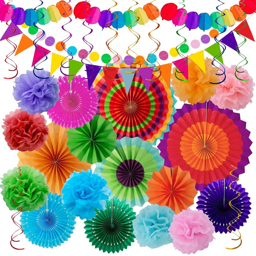 33 PCS Fiesta Party Decorations Mexican Hanging Paper Fans Rainbow Pom Poms