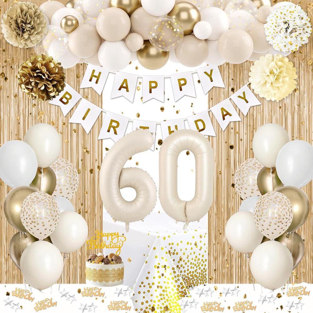 60Th Birthday Decorations, Happy 60Th Birthday Decorations White and Gold Balloo