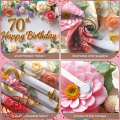 Flower 70th Birthday Banner Decorations for Women Pink Roses Floral Happy 70t…