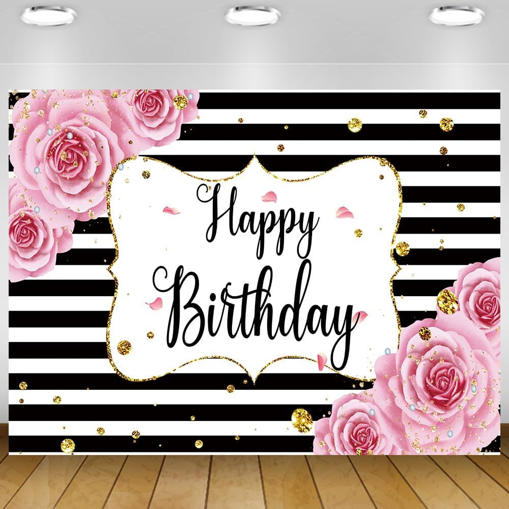 Pink Rose Happy Birthday Backdrop Banner for Women Black White Stripe Birthday P