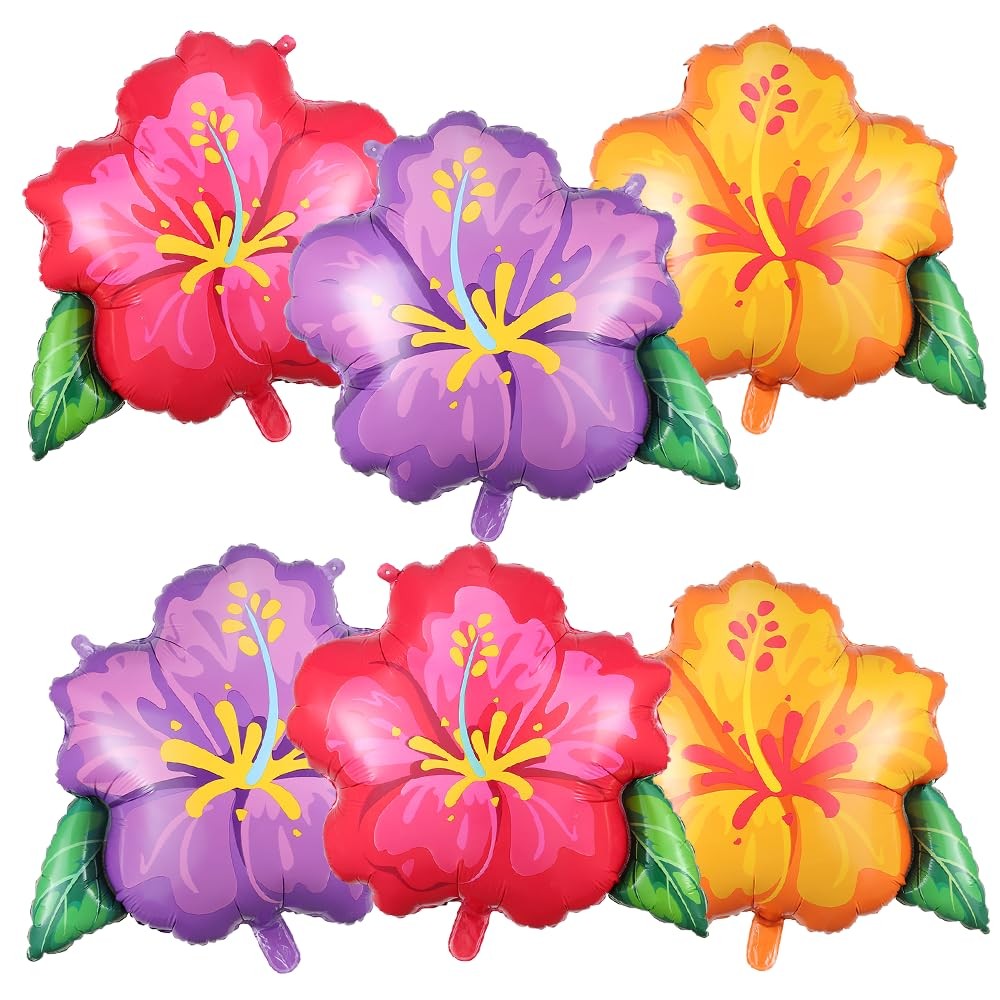 6PCS Hibiscus Flower Balloons- Aloha Balloons, Large Pink Purple Yellow Flowe…