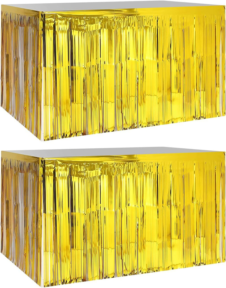 2 Pack 29.5×108 Inch Metallic Foil Fringe Tinsel Table Skirts for Rectangle Tabl