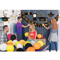 Graduation Hanging Swirl Banner Decorations, Black Gold Silver Star Banner