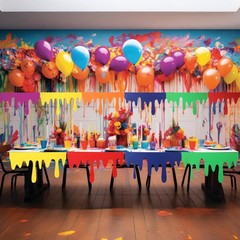 6 Pack Art Themed Party Table Skirts 40 x 16 Inches Colorful Felt Paint Splat…