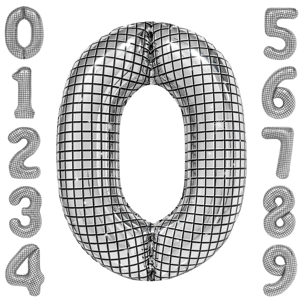40 Inch Disco Number Balloons Large Silver Disco Ball Print Number Balloon fo…