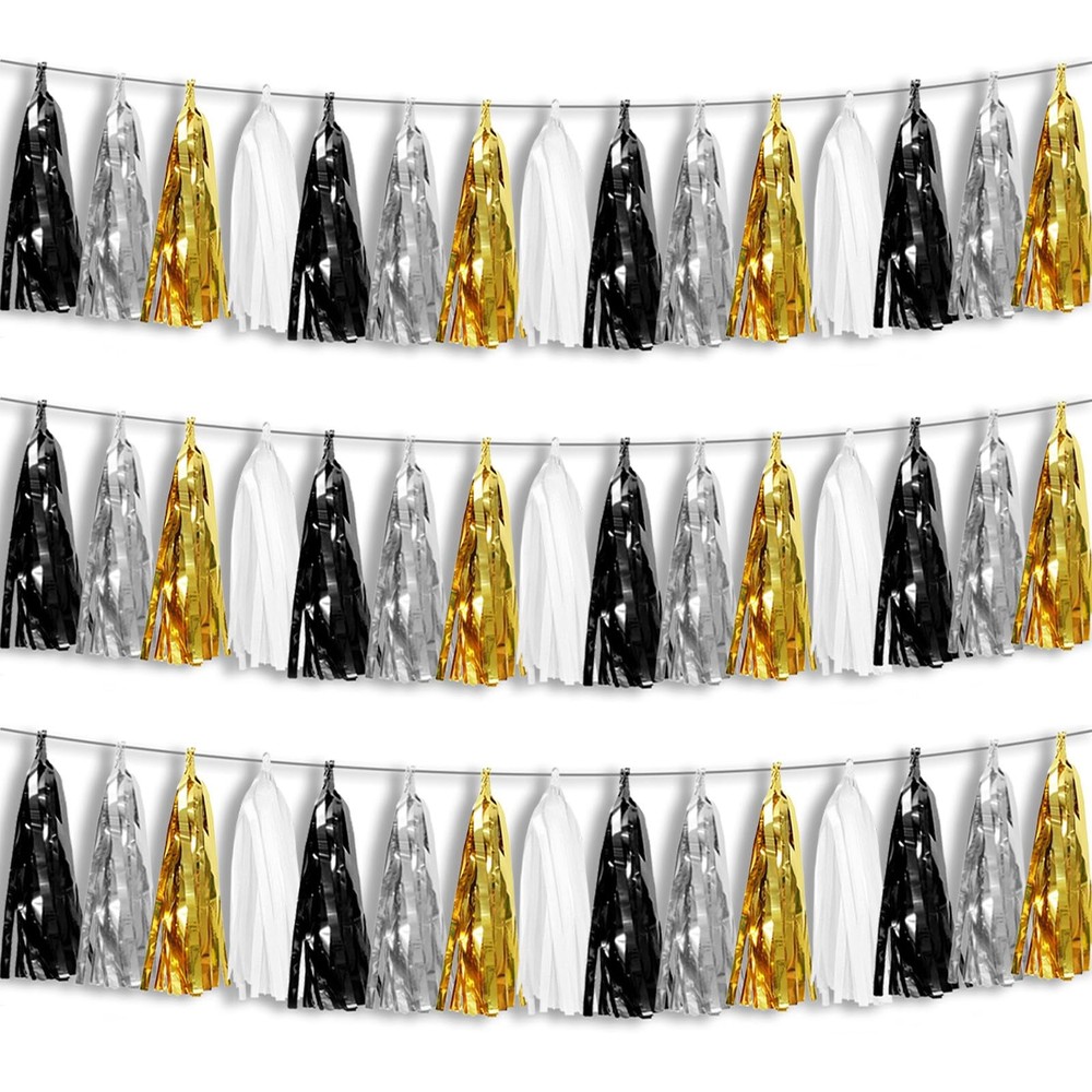 3P Black Gold Silver Foil Fringe Metallic Tassel Garland, Tassels Banner Stre…