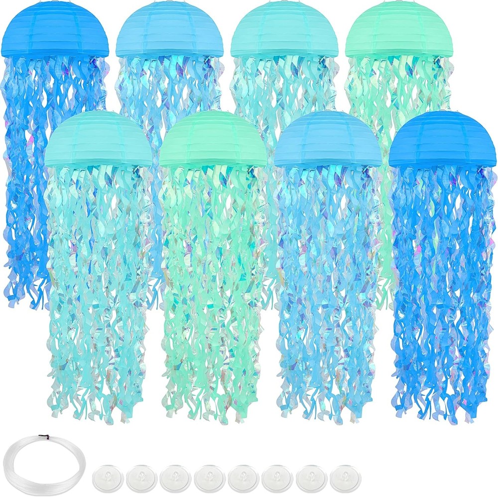 8 pcs Jellyfish Paper Lanterns Ocean Birthday Party Multicolor Blue