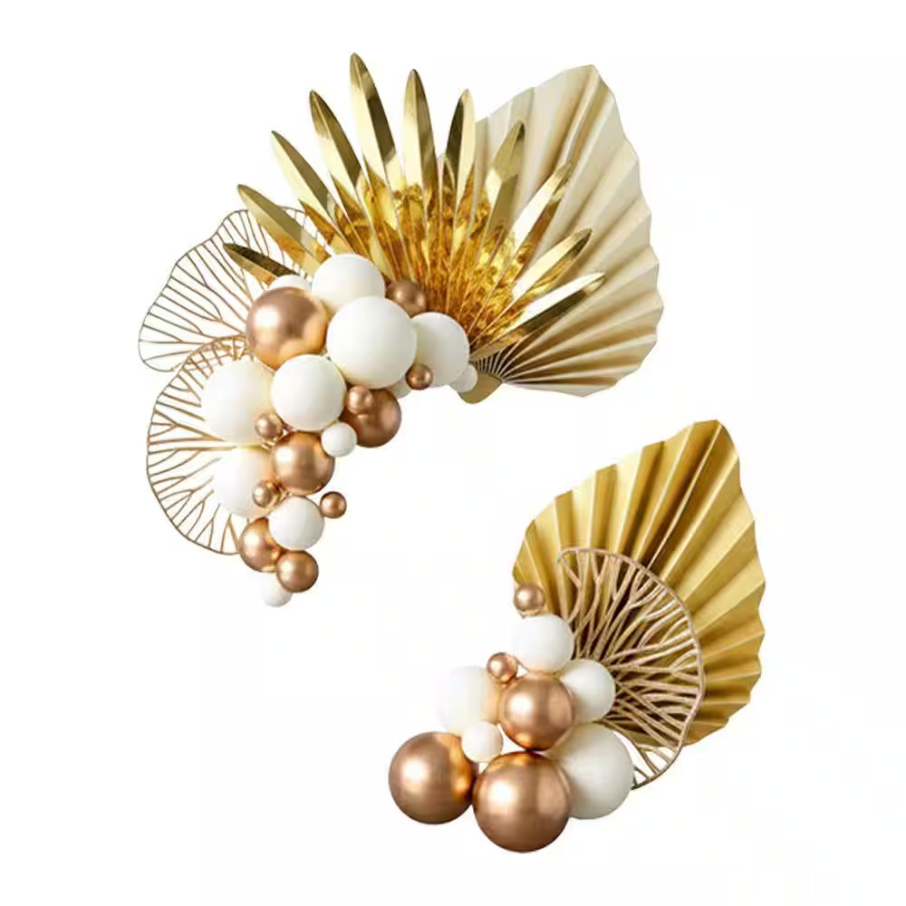 Champagne Rose Bohemian Cake Decoration Set Gold Palm Leaves White Gold Balls Ca