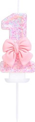 Pink Number 1 Candle for First Birthday Cakes, Sequins and Bowtie 1