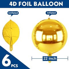 Metallic Gold Round Foil Balloons, 22″ Large 4D Sphere Mylar Balloons 6PCS, f…