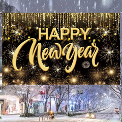 Happy New Year Hanging Extra Large Fabric Sign Poster Background Banner with Fir