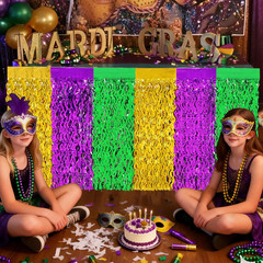 Mardi Gras Party Decorations, 2 Pack Purple Green Gold Wavy Metallic Tinsel Foil