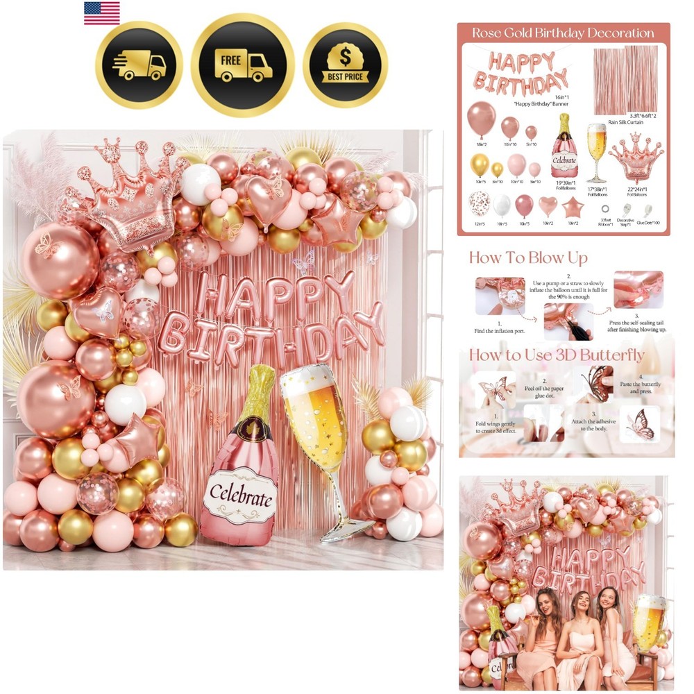 Rose Gold Birthday Decorations for Women, Happy Birthday Decorations with Fri…